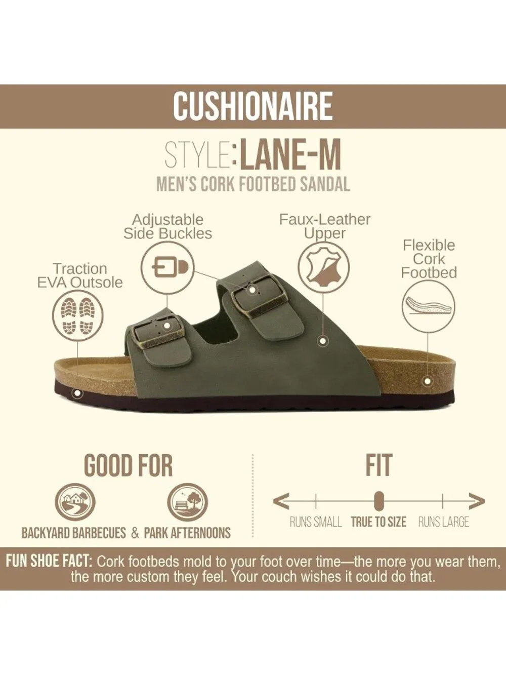 Men's Olive Green Lane Cork Footbed Sandals Adjustable Buckle Comfort Slides